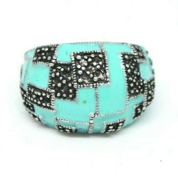 Unbranded Jewelry - Blue Enamel Black Silver Puzzle Modernist Dome